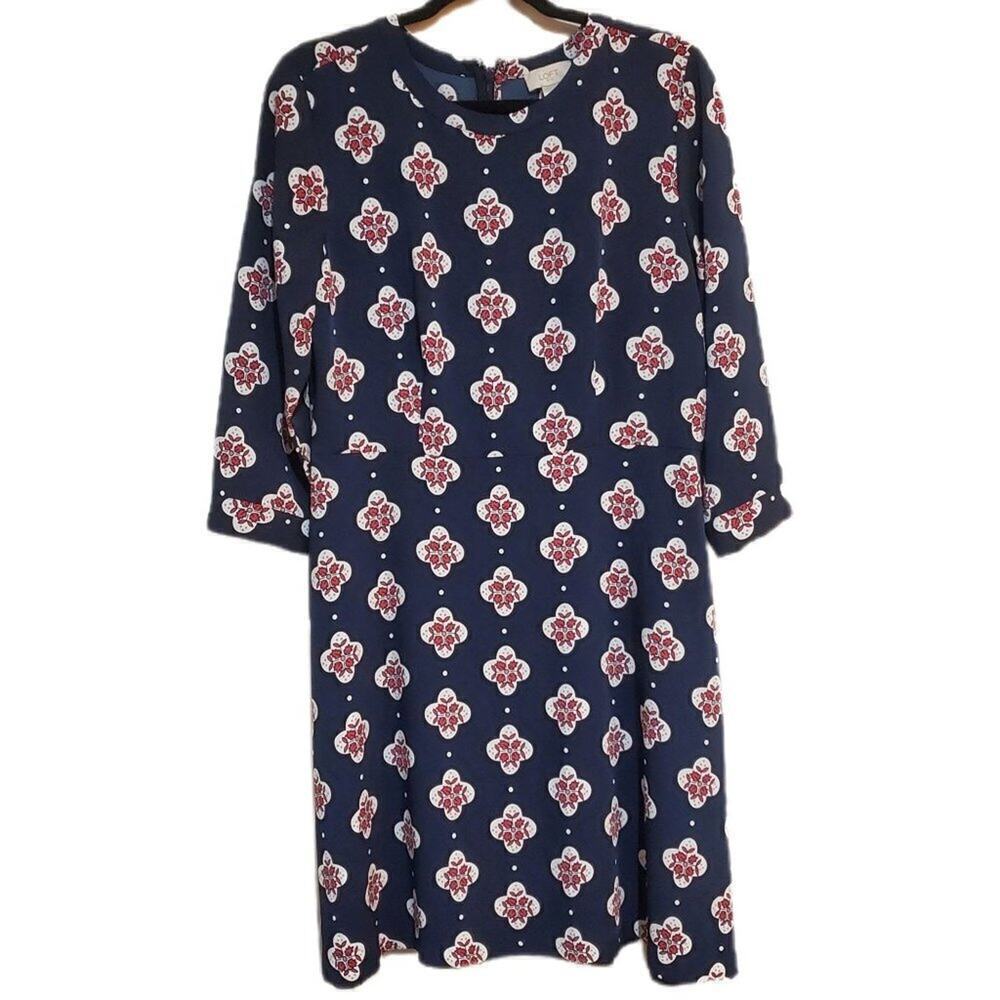 Loft Shirt Dress Trapeze Navy‎ Blue Floral 3/4 Sleeve Flowy Women's Size 10